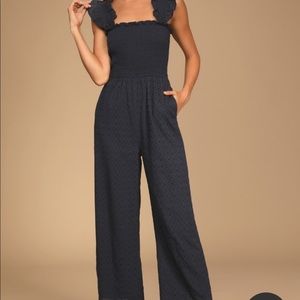 Lulus “Easy Loving” navy blue eyelet jumpsuit